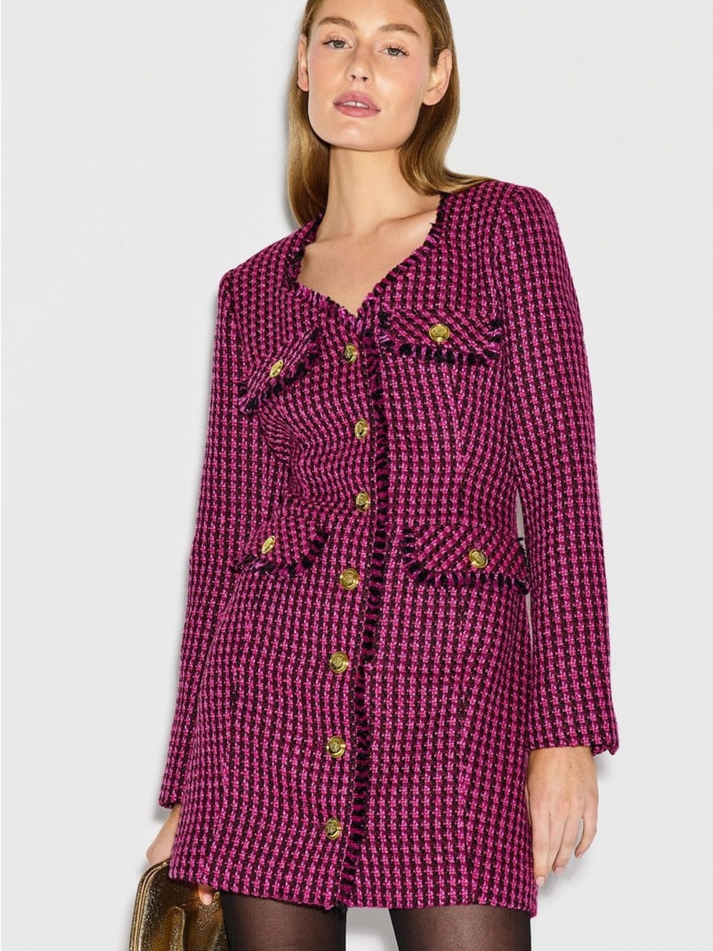 10 Crosby Derek Lam Pink Houndstooth Tweed Button-Front Blazer Dress
